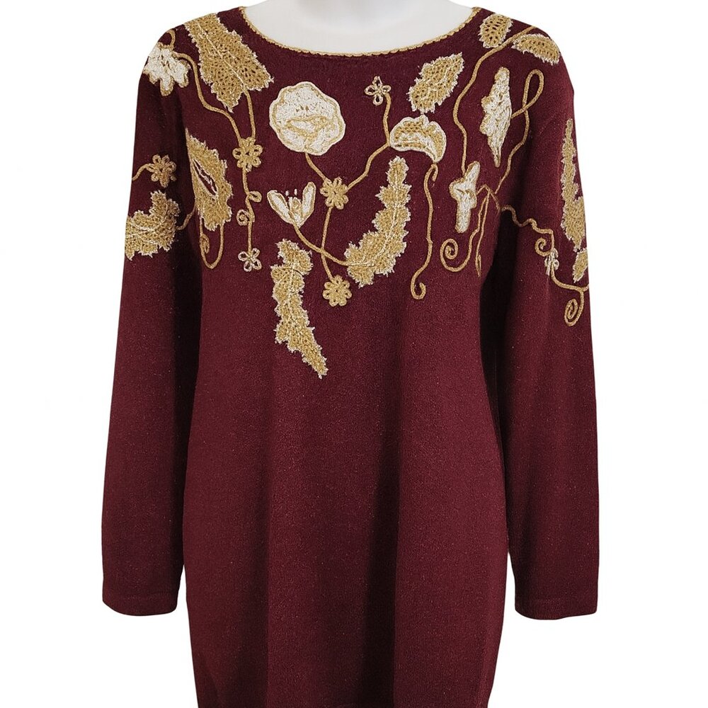 Jaclyn Smith Sweater glam chic Burgundy gold metallic Large crochet pearl granny